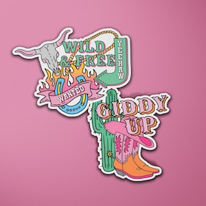 2 Vinyl Stickers met westers thema | Cowboyhoed Laarzen | Cactus | Giddy Up Cowgirl | Wild West | Cowgirl | Laptop Sticker | Bagage Sticker