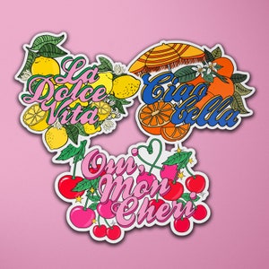 3 Vinyl Sticker Set | Italien Italienisch | Ciao Bella | Mon Cherie | Französisch | Land | Zitronen Orangen Kirschen | Koffer Koffer Sticker