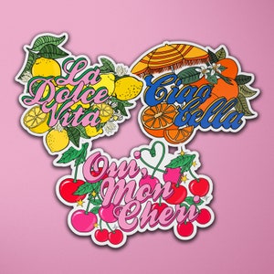 3 Vinyl Sticker Set | Italy Italian | Ciao Bella | Mon Cherie | French | Country | Lemons Oranges Cherries | Luggage Suitcase Stickers