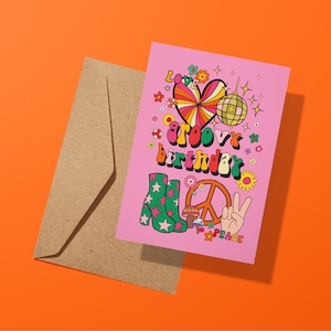 Carte de vœux d'anniversaire super | Disco hippie des années 70 | Psychédélique | Reine dansante | Paix et amour | Boule Disco | Carte d'anniversaire | Fête