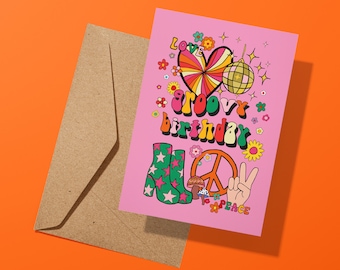 Groovy Birthday Greeting Card | Hippy 70's Disco | Psychedelic | Dancing Queen | Peace And Love | Disco Ball | Birthday Card | Celebration