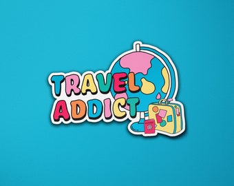Travel Addict Globe Vinyl Sticker | Travel Passport Suitcase | Traveller | Laptop Sticker | Luggage Suitcase Sticker | Quote Sticker