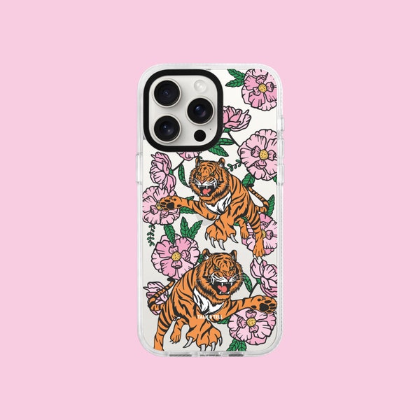 Peony Tiger iPhone Case | Bengal Tiger | Animal | Peony Flower | Floral | Tattoo Style | Big Cat | Pink Flower