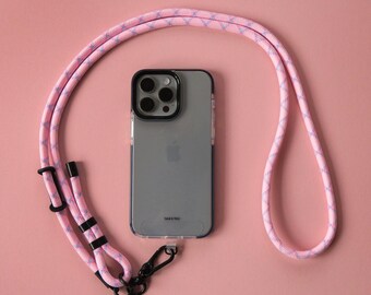 Roze blauw gestreepte verstelbare telefoonriem | Universeel crossbody-sleutelkoord | Touwkoordriem | Nekkoord | Handsfree | Anti-diefstal