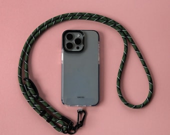 Groen zwart gestreepte verstelbare telefoonriem | Universeel crossbody-sleutelkoord | Touwkoordriem | Nekkoord | Handsfree | Anti-diefstal