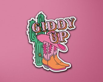 Giddy Up Cowgirl Vinyl Sticker | Cowboy Hat Boots | Cactus | Western Theme | Laptop Sticker | Luggage Sticker