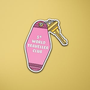 5 * Etiqueta engomada de vinilo de la llave del World Traveler Club / Llavero de la llave del motel de viaje / Hotel vintage / Etiqueta engomada del ordenador portátil / Etiqueta engomada de la maleta del equipaje
