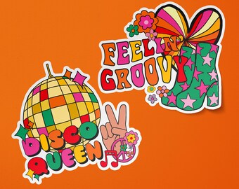 Set van 2 Groovy Disco-stickers | Spiegelbol | Vredesliefde | Muziek uit de jaren 70 | Hippie | Flowerpower | Bagage-kofferstickers | Laptopstickers