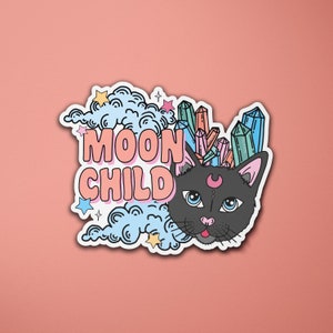 Mond Kind Vinyl Aufkleber | Schwarze Katze | Kristalle Spirituell | Laptop Aufkleber | Koffer Koffer Sticker | Typografie | Zitat Sticker