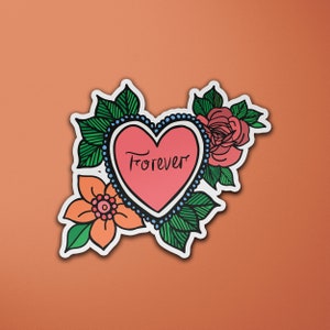 Forever Heart Vinyl Sticker | Tattoo Style | Floral Love Heart | Laptop Sticker | Luggage Sticker