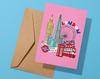 Tarjeta de felicitación con temática de Londres, Reino Unido, dibujada a mano, Big Ben, London Eye, británica, destino de viaje, cumpleaños, aniversario, regalo.