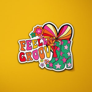 Feeling Groovy Vinyl Sticker | 70s Theme Disco | Disco Shoes Boots | Flower Power | Retro | Quote Sticker | Laptop Sticker | Luggage Sticker