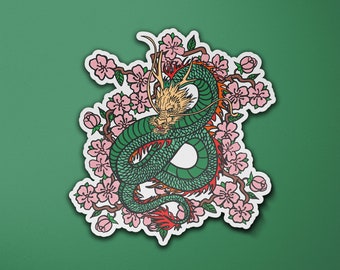 Vinylsticker kersenbloesem draak | Japanse draak | Tatoeagestijl | Bagagesticker | Laptopsticker