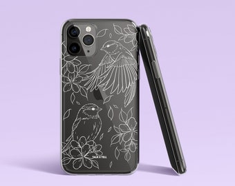 Floral Birds iPhone-hoesje | Witte Lijn Tekening Tattoo | Tattoo Stijl | Bloemen | Schattig