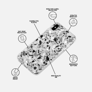 May include: A clear phone case with a terrazzo pattern. The case is designed to protect the phone from scratches, shocks, and drops. It has a raised bezel around the camera to protect the lens. The case is made of flexible TPU plastic and has responsive buttons.