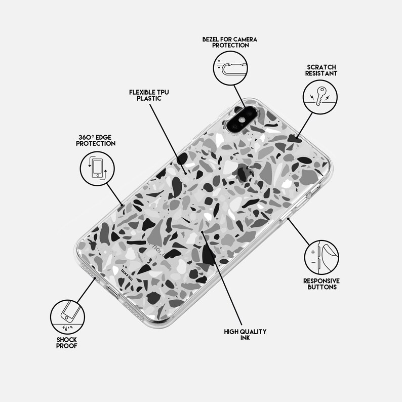 May include: A clear phone case with a terrazzo pattern. The case is designed to protect the phone from scratches, shocks, and drops. It has a raised bezel around the camera to protect the lens. The case is made of flexible TPU plastic and has responsive buttons.