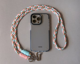 Telefoonriem | Universeel crossbody-sleutelkoord | Touwriem | Nekkoord | Handsfree | Vlecht | Roze Blauw
