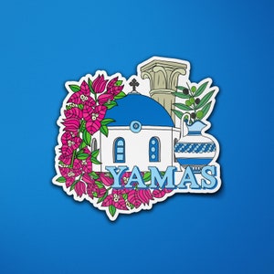 Autocollant vinyle grec Yamas | Voyage en Grèce | Dômes bleus | Autocollant d’ordinateur portable | Autocollant de bagage | Typographie | Autocollant de citation