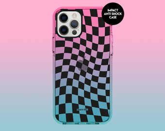 Gradient Blue Pink Checkered Impact iPhone-hoesje | Anti Shock | Sterk Sterk | Effen | Schokbestendig | Luxe telefoonhoesje | Cheque