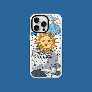 Custodia per iPhone Sole Luna e Stelle / Astrologia / Celeste / Tema spaziale / Fasi lunari / Cielo / iPhone 11, 12, 13, 14, 15, 16, Pro, Plus, Pro Max