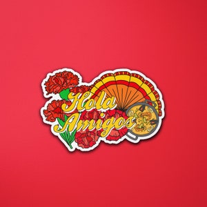 Hola Amigos Spaanse vinylsticker | Spanje Reizen | Paëlla | Laptopsticker | Bagagesticker | Typografie | Citaatsticker