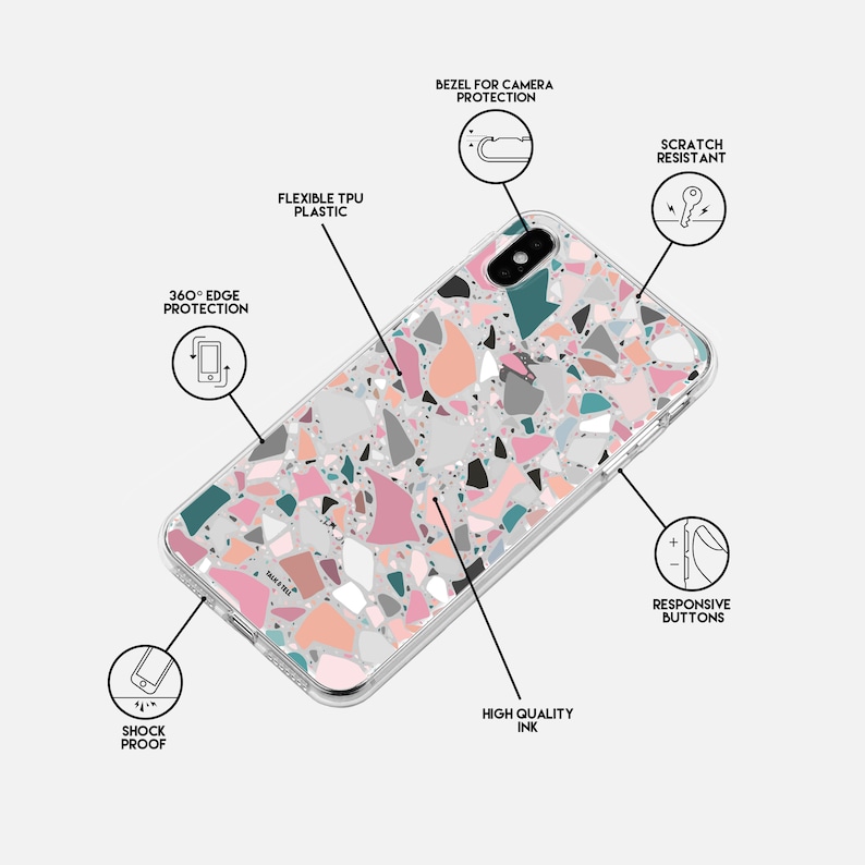 K&ouml;nnte beinhalten: Transparente Handyh&uuml;lle mit Terrazzo-Muster in Rosa, Grau, T&uuml;rkis und Pfirsich. Merkmale sind 360&deg;-Kantenschutz, Kratzfestigkeit und reaktionsschnelle Tasten. Hergestellt aus flexiblem TPU-Kunststoff und hochwertiger Tinte.