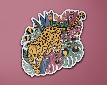 Wild Cheetah Vinyl Sticker | Animals | Big Cat | Floral | Laptop Sticker | Luggage Sticker