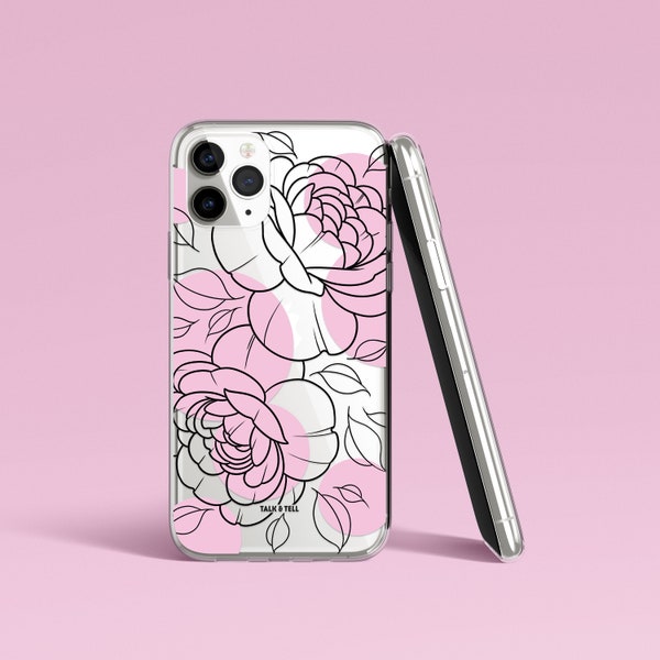 Peony Flower Line Drawing Tattoo iPhone Case | Floral | Minimalist | Pretty Pink