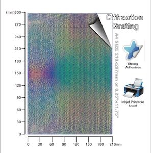 May include: A sheet of diffraction grating material with a holographic, rainbow-like surface. The sheet is A4 size, measuring 8.25" x 11.75", and is labeled as inkjet printable with strong adhesives. The image includes a printer icon and a scale in millimeters.