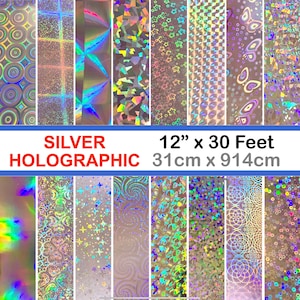 Silber Holographischer Film, 12 Zoll x 30 Fuß Rolle mit Klebstoffen, Wählen Sie Ihr Muster