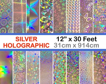 Silver Holographic Film, 12 inch x 30 feet Roll with adhesives, Choose your Pattern