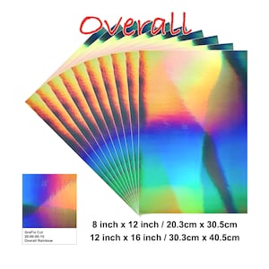Pode incluir: Um pacote de 10 folhas de vinil arco-íris iridescentes. As folhas medem 8 polegadas por 12 polegadas ou 20,3 centímetros por 30,5 centímetros. As folhas também estão disponíveis em 12 polegadas por 16 polegadas ou 30,3 centímetros por 40,5 centímetros.