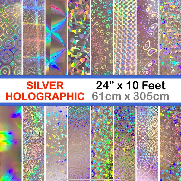 Silver Holographic Film, 24 inch x 10 feet Roll with adhesives, Choose your Pattern