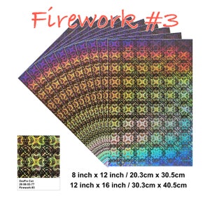 May include: A stack of 12 iridescent holographic sheets with a repeating pattern of black four-leaf clover shapes. The sheets are 8 inches by 12 inches or 20.3 centimetres by 30.5 centimetres. The sheets are also available in 12 inches by 16 inches or 30.3 centimetres by 40.5 centimetres.