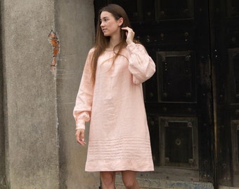 Linen dress in pale pink, washed and soft, long sleeves with buttons, summer dress with side pockets