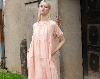 Linen dress in pale pink, washed and soft, short sleeves, long summer dress with side pockets