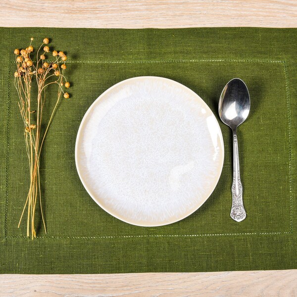 Linen placemats, natural placemats set, linen placemats set, set of 2,4,6,8,10,12 green color, 100% linen, hemstitch placemats