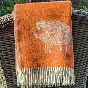 Natural wool blanket, orange throw with sheep pattern, wool gift, home decor, comfy, warm sheep blanket, cozy throw, wool couch blanket