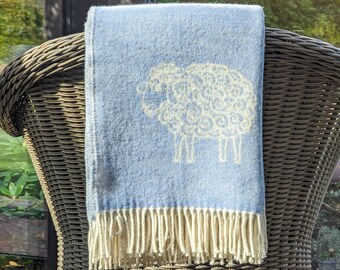 Natural wool blanket, light blue throw with sheep pattern, wool gift, home decor, comfy, warm sheep blanket, cozy throw, wool couch blanket