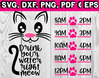 Drink your water right meow - water bottle with tracker - time line for drinking water - summer time project for making water bottle decals