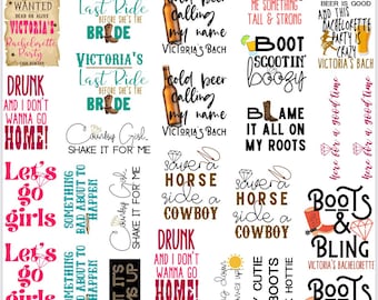 Country Theme Bachelorette Party Temporary Tattoos- Custom w/ FREE party print instructions