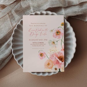 Blumenhochzeit einladen | Benutzerdefinierte druckbare Hochzeitseinladung | Modernes Pink & Pfirsich Briefpapier | Personalisiert und fertig zum Drucken