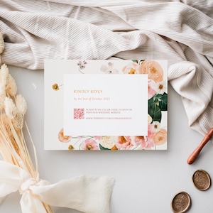 Carte RSVP avec code QR en option | Mariage rose et pêche | Carte-réponse imprimable | Papeterie de mariage moderne | Encarts d'invitation | Carte-réponse
