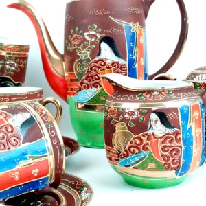 Antique Hand Painted Japanese Satsuma Ware Moriage Tea Set, enameled pottery, 1920s Art Deco, Japan