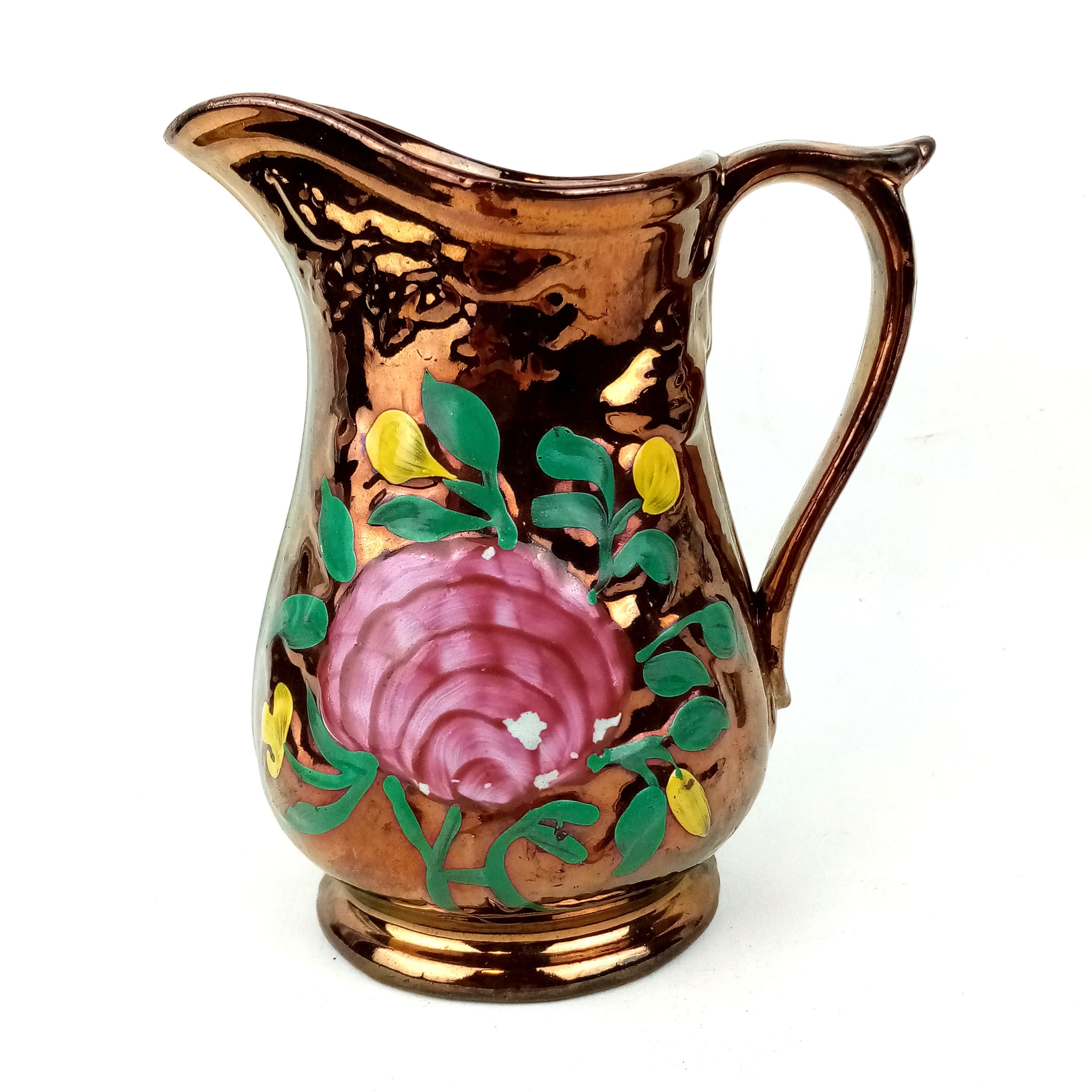ヴィンテージ陶器光沢水差し/ピッチャー、花柄、約5.7インチ、シャビー