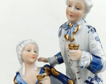 Figurine en porcelaine bleu blanc de style victorien, Japon Norleans, couple rococo