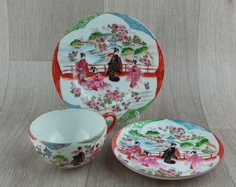 Exquisite Antique Eggshell Porcelain, Japanese Hand Painted Geisha Girls Teacup & Saucer, Gold painted, pre World War 2, 3 piece set