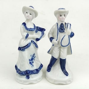 Vintage Regency Era Colonial Musician Couple, Figurine Blue & White Porcelain, Figure Set Romantic, Royal Courtier Victorian Statuette