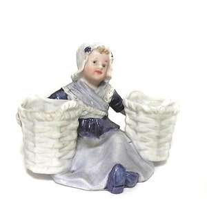 Gebruder Heubach Dutch girl porcelain figurine,  antique bisque porcelain, white blue, 3.4&quot; / 87 mm