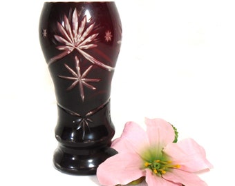 Antique Bohemian cut glass vase, dark red, Art Deco, floral, ca. 1920, Bohemian Red Crystal